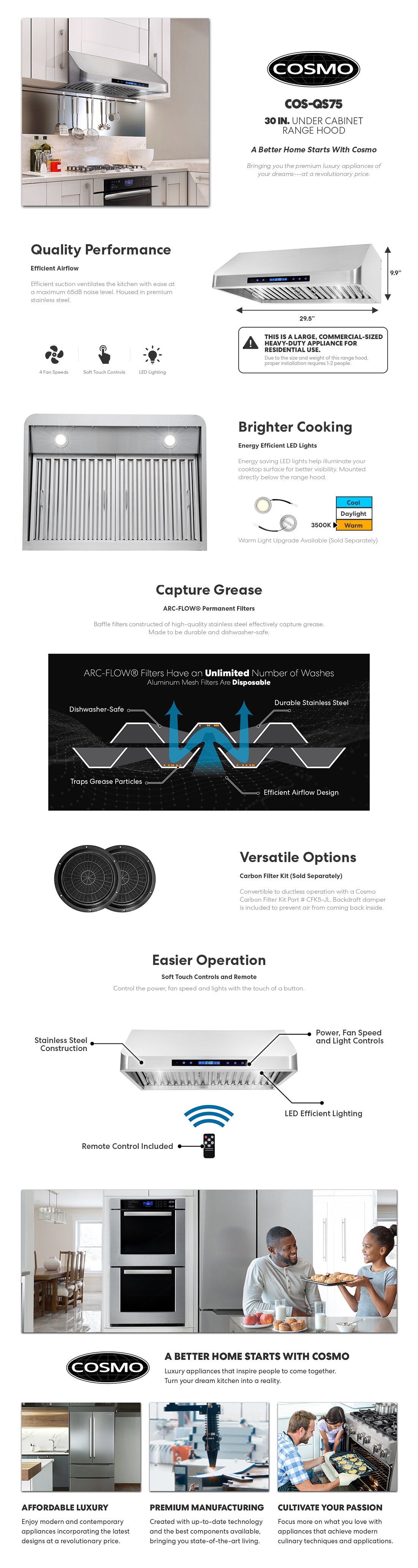 Cosmo 30 in. Ducted Under Range Hood in Stainless Steel with